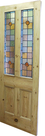 Traditional Reclaimed Pine Victorian 4 Panel Door With Stained Glass Top Panels 000619